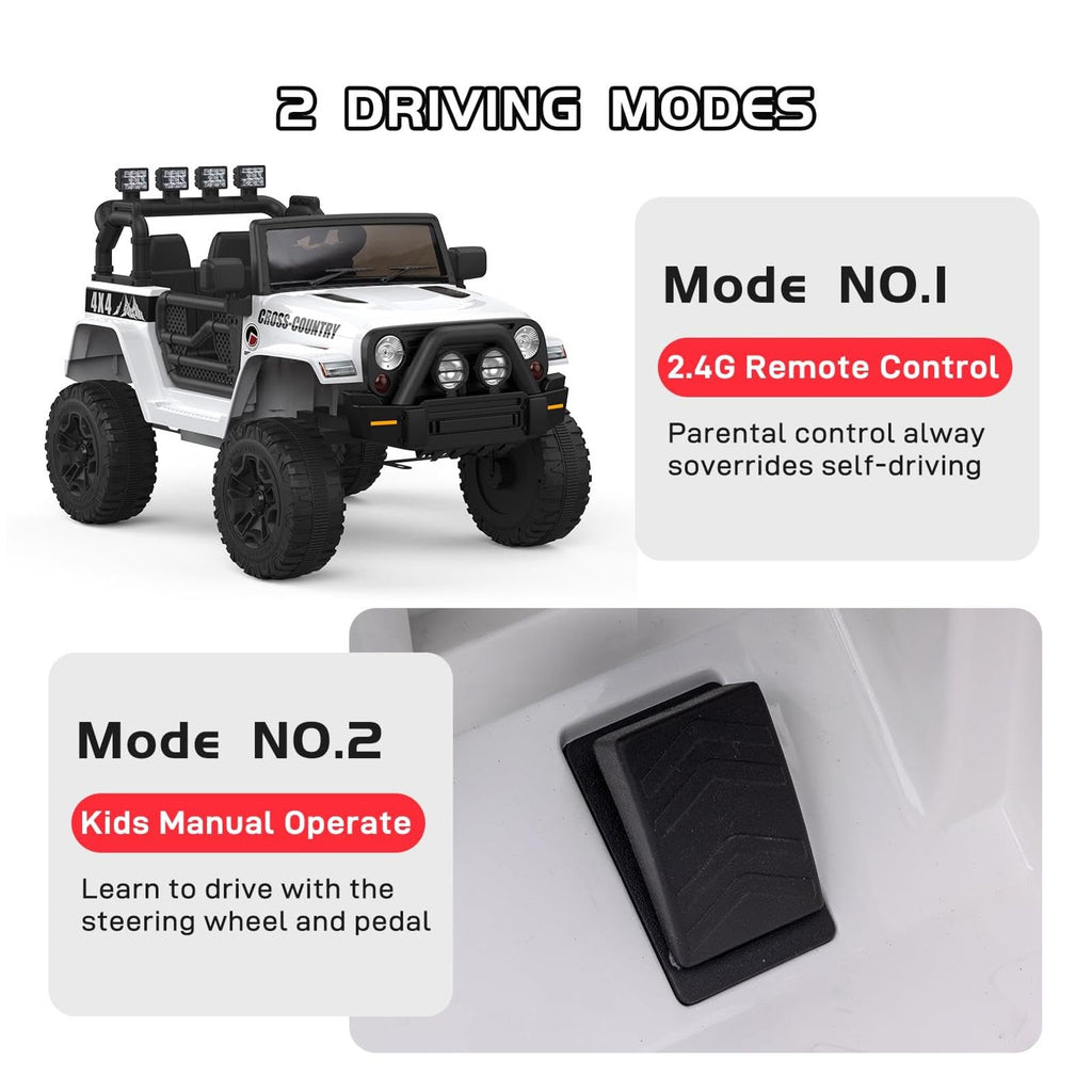 Garvee Ride - P Series: 12V Kids Ride On Truck Car w/Parent Remote Control, Spring Suspension, Led Lights,3 Speed Adjustable, Kids Gift for Boys and Girls - White