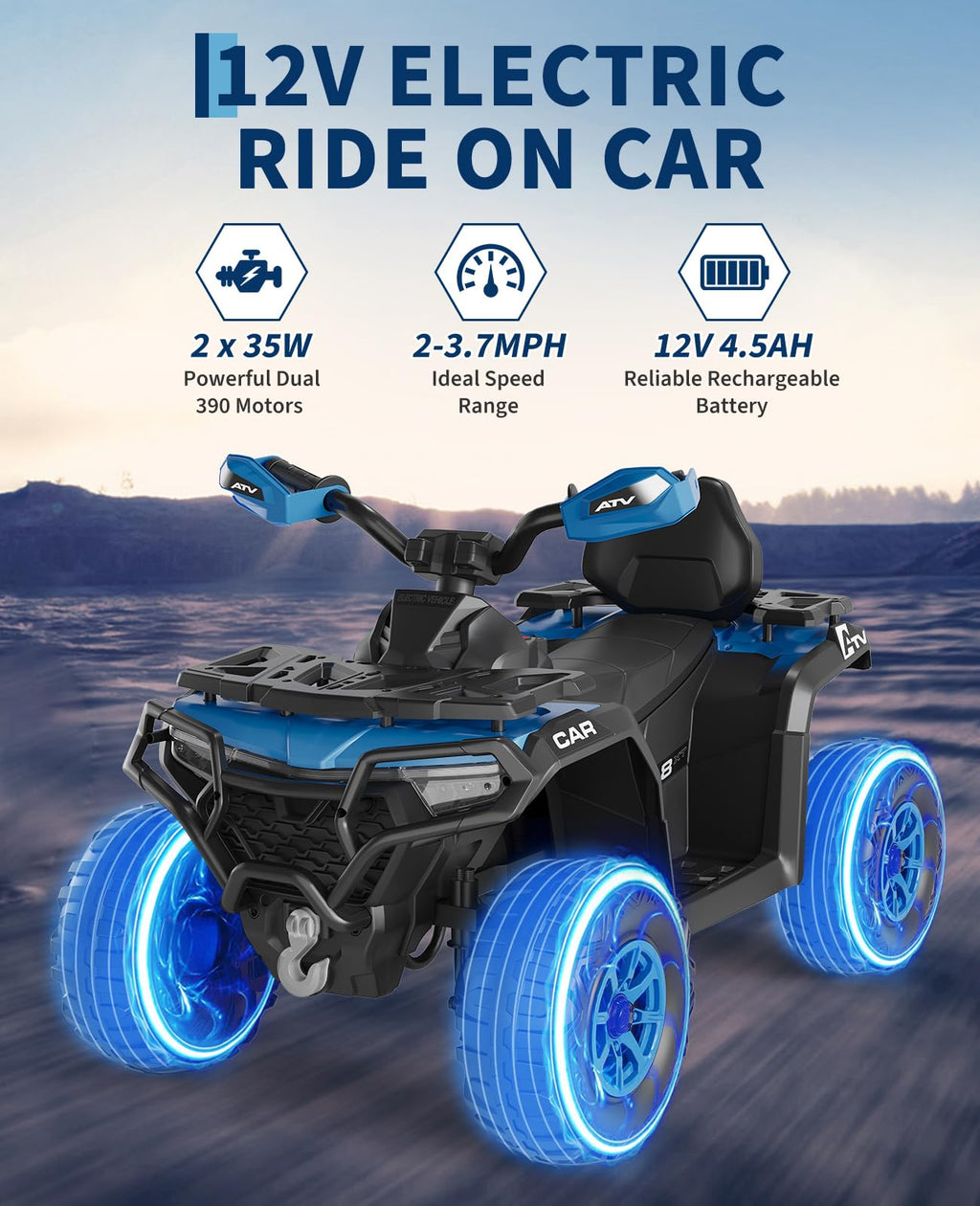 Garvee 12V Kids Electric ATV Ride-On Car – Dual Motors – Parent Remote Control – LED Lights, wireless, Music, USB, Spring Suspension – Outdoor Off-Road Four Wheeler for Boys & Girls Ages 3-8 – Royal Blue