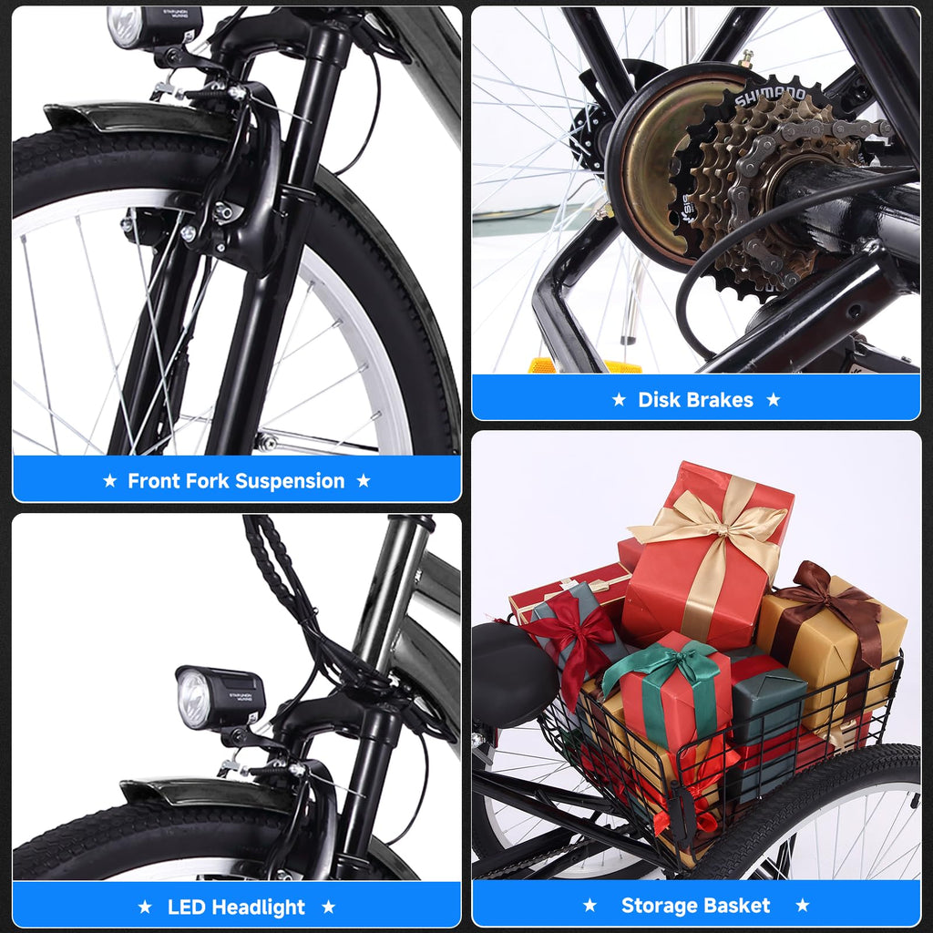 Garvee 26 Inch Adult 3 Wheel Electric Tricycle with Basket, Fat Tires,7 Speeds,350W Powerful Motor, 36V 10Ah Removable Battery - Dark Gray
