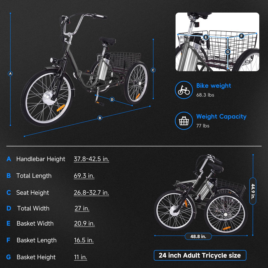 Garvee 26 Inch Adult Electric Tricycle Folding 7-Speed Electric Tricycle with Basket, 36V Detachable Battery, 250W Brushless Motor Suitable for Men and Women, Gary