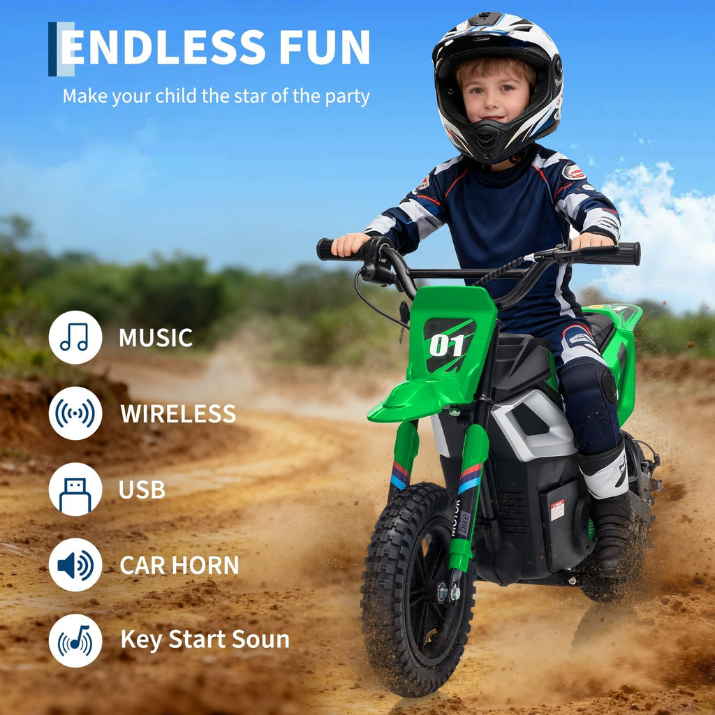Garvee 24V Kids Electric Dirt Bike 350W Motor 10MPH Speed Rear Suspension Leather Seat Black Blue Green Red Rose White Outdoor Riding