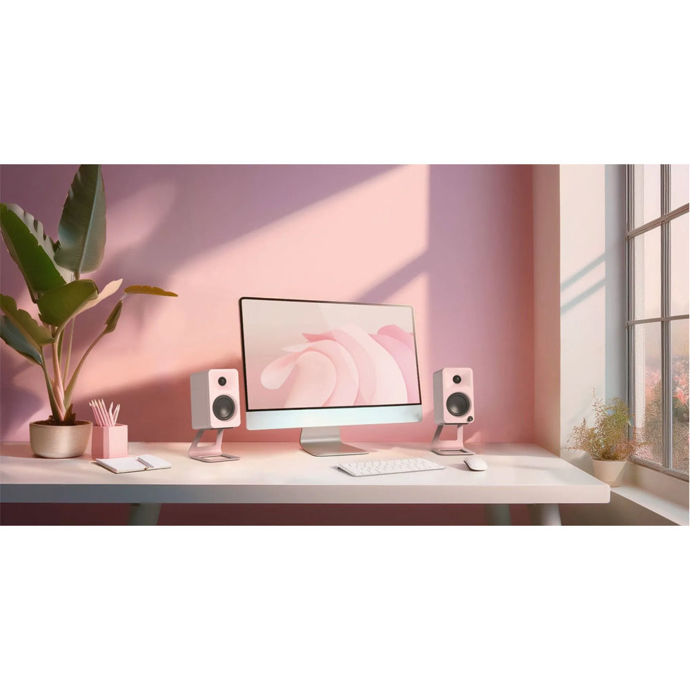 Kanto ORA 100W Powered Reference Desktop Speakers with Bluetooth & SE2 Speaker Stands Package Pink