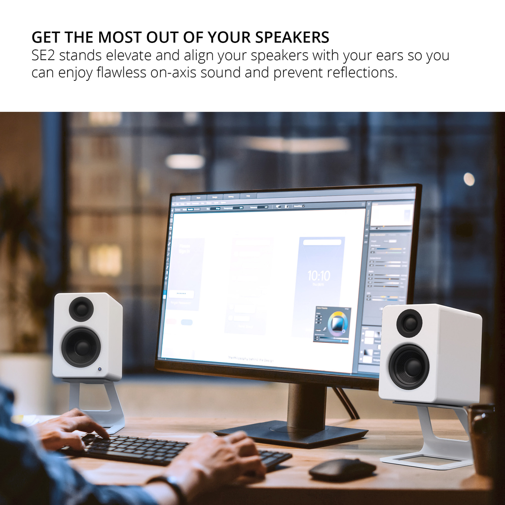 Kanto ORA 100W Powered Reference Desktop Speakers with Bluetooth & SE2 Speaker Stands Package White