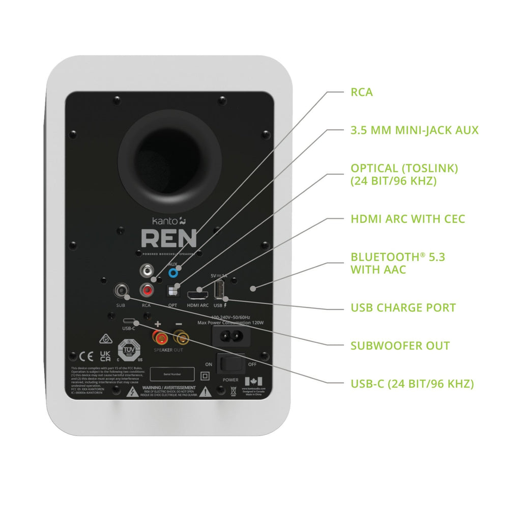 Kanto REN 200W Powered Bookshelf Speakers Pair with HDMI ARC USB-C and Bluetooth 5.3 - Matte White