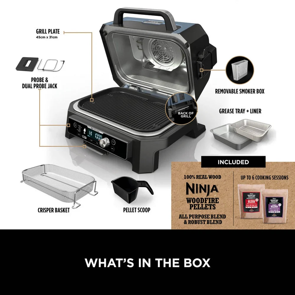 Ninja OG901UK Woodfire Pro Connect XL Electric BBQ Grill & Smoker with Cover and Woodfire Pellets OG901UKCOVKIT