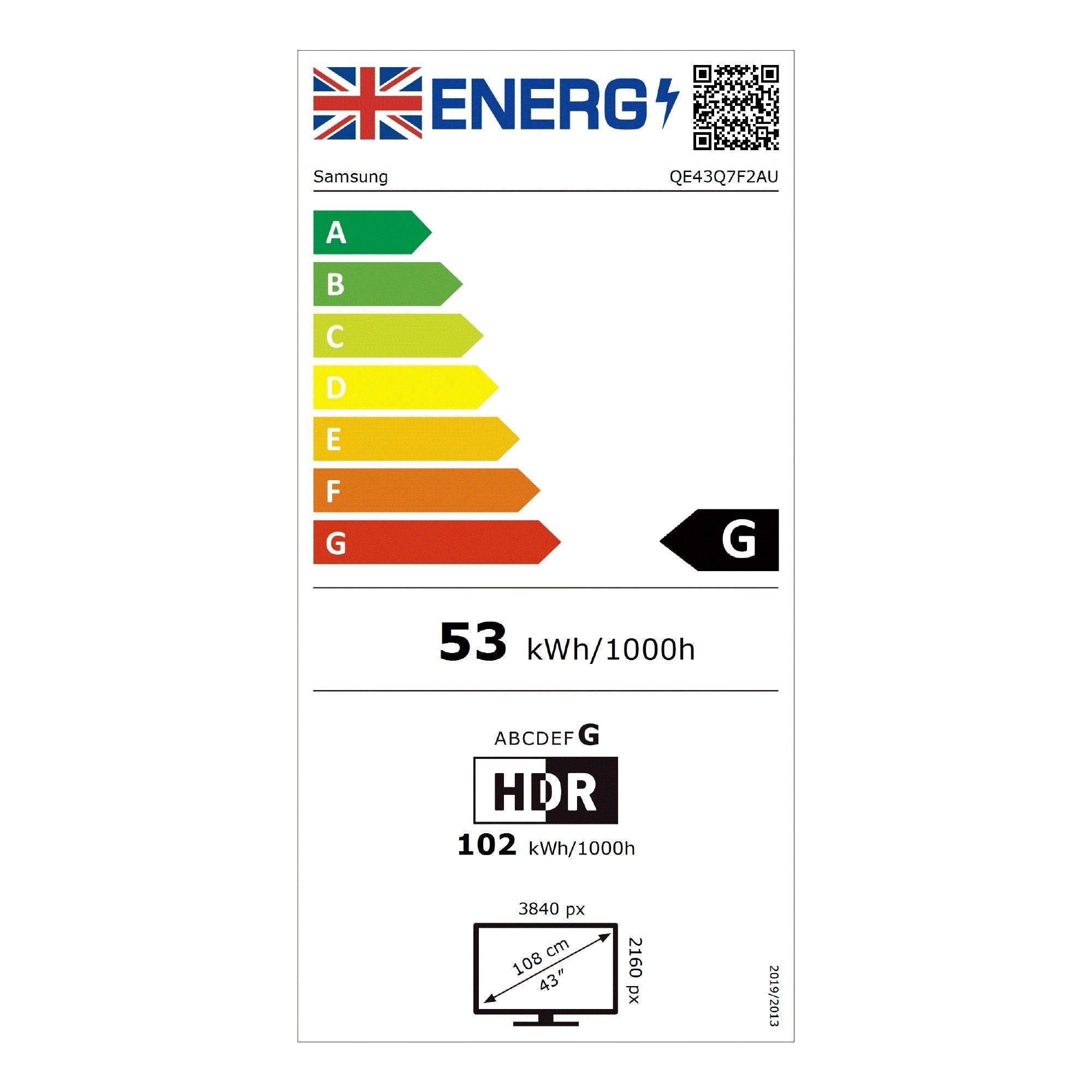 Samsung QE43Q7F2AUXXU 43 Inch Q7F2 4K QLED Ultra HD HDR AI Smart TV