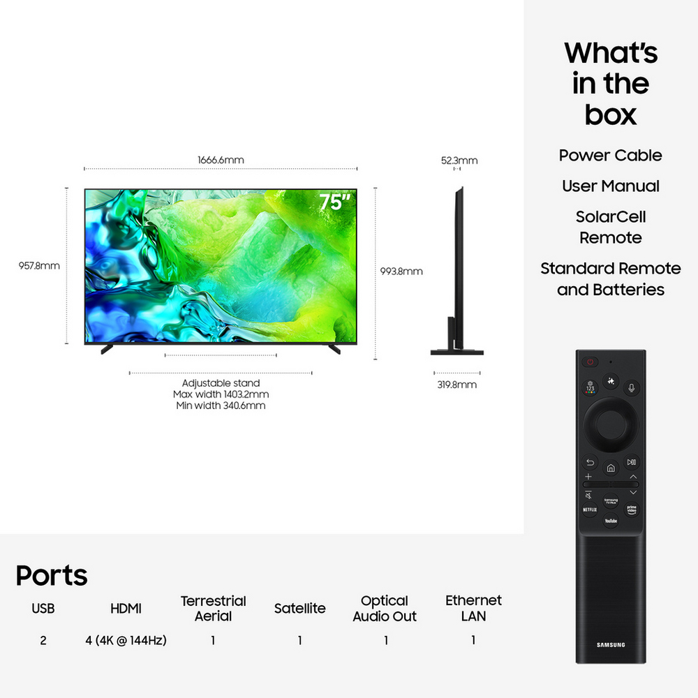 Samsung QE75QN80HAUXXU 75 Inch QN80H QLED Quantum Mini LED 4K Ultra HD HDR Smart AI TV 2026