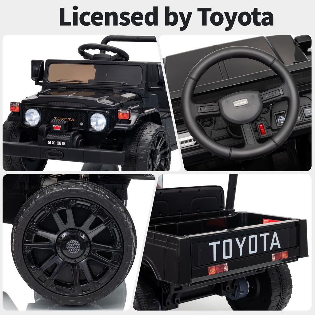 Garvee Licensed Toyota 12V 4WD Kids Electric Ride-On Pickup Truck – Battery Powered, Remote Control, wireless, LED Lights, Suspension, Soft Braking, Truck Bed Storage – For Toddlers & Big Kids – Black