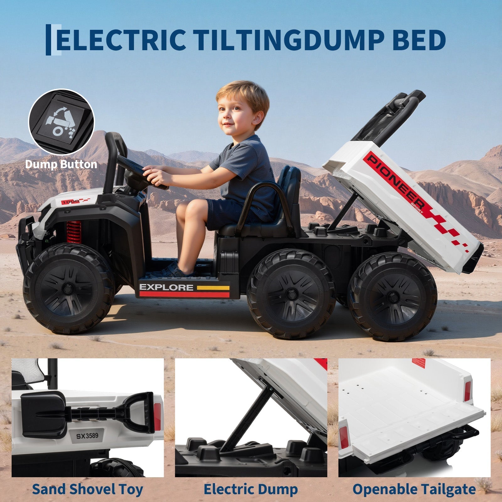 Garvee 24V 4WD Electric Ride on Dump Truck for Kids, 2 Seater with Remote Control, Dump Bed, 3 Speed Modes, Music Player, All-Terrain Off-Road Vehicle Toy for Boys & Girls