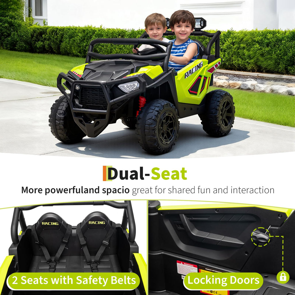 Garvee 24V 2-Seater Electric UTV Ride-On Truck for Kids Ages 2-8 – Battery Powered, Remote Control, 4-Wheel Suspension, Gradual Power-Up, 3 Speeds, LED Lights, Wireless – Fluorescent Green