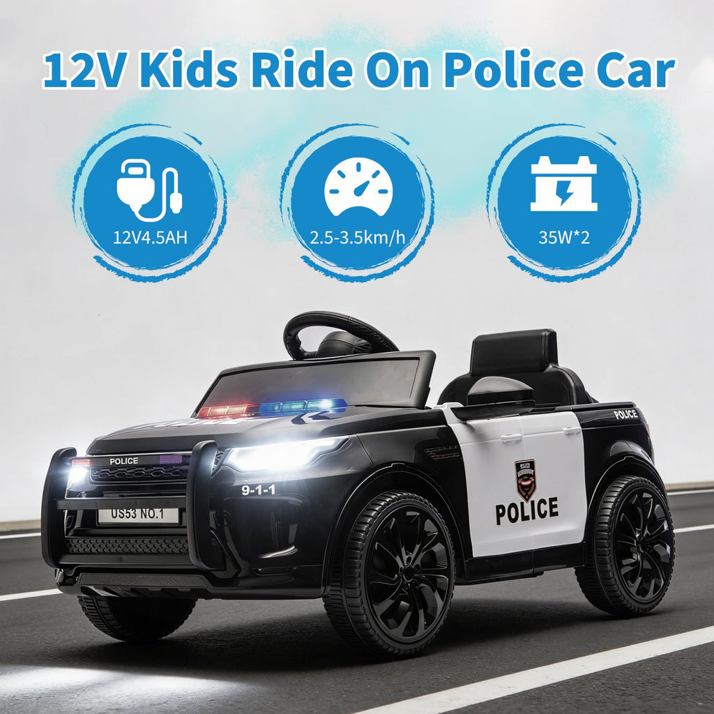 Garvee Kids Electric Police Car Ride-On 12V 4.5Ah Battery Dual 35W Motors LED Lights Bluetooth Speaker Remote Control White/Black Indoor Outdoor