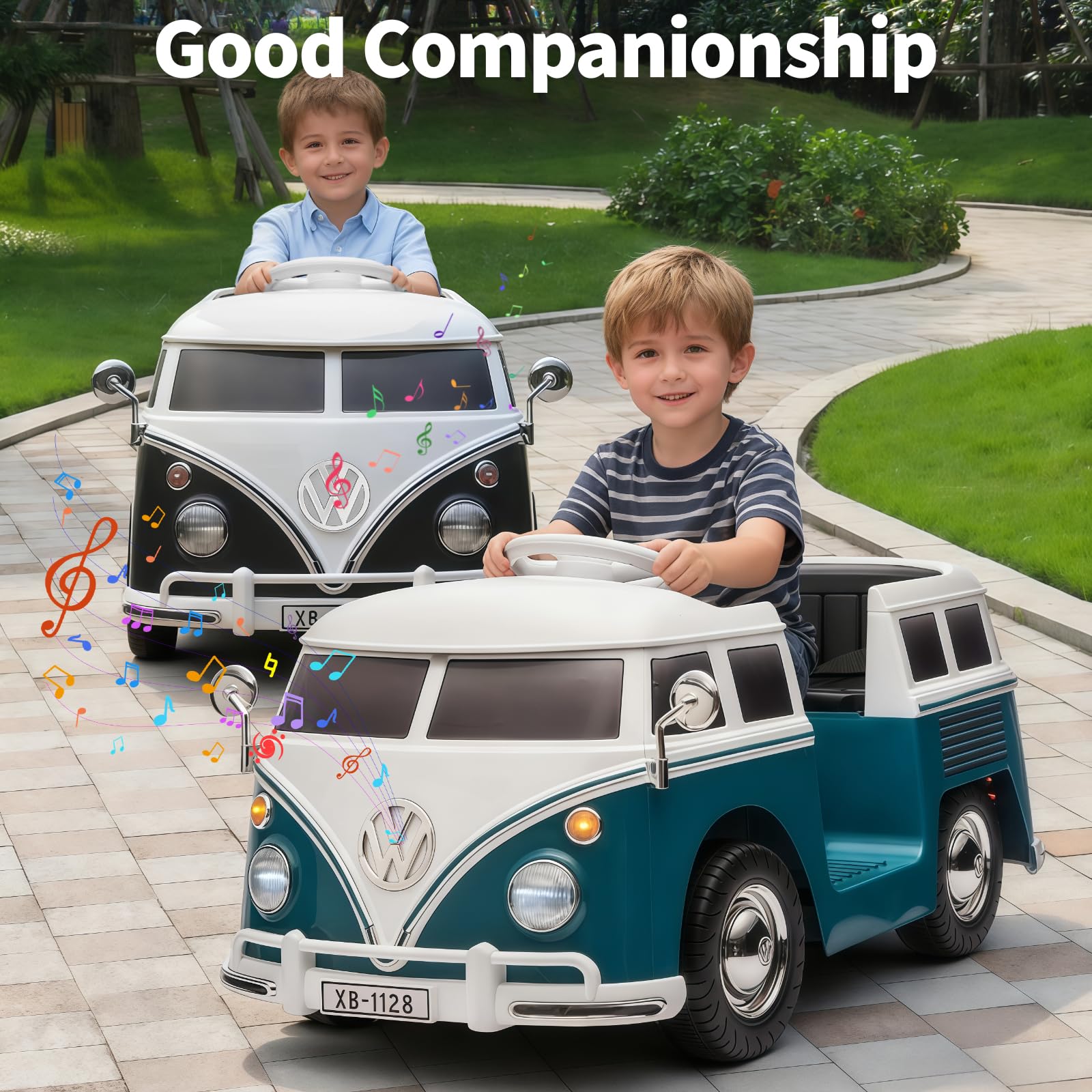 Garvee Volkswagen Licensed Electric Ride-On Bus for Kids - 6V Battery, LED Headlights, Music, Horn, Pedal Control, Gentle Start, Safe & Fun Toy for Toddlers - Black