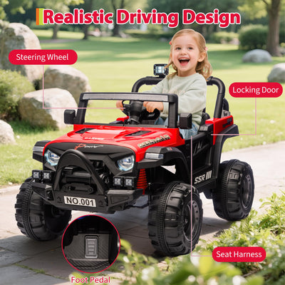 Garvee 12V Kids Electric Ride-On Car – Parent Remote Control, Spring Suspension, LED Lights, wireless Music, 3-Point Harness, Locking Doors, 3 Speeds, Battery Powered Toy Vehicle for Toddlers Boys Girls Ages 3-5 – Red