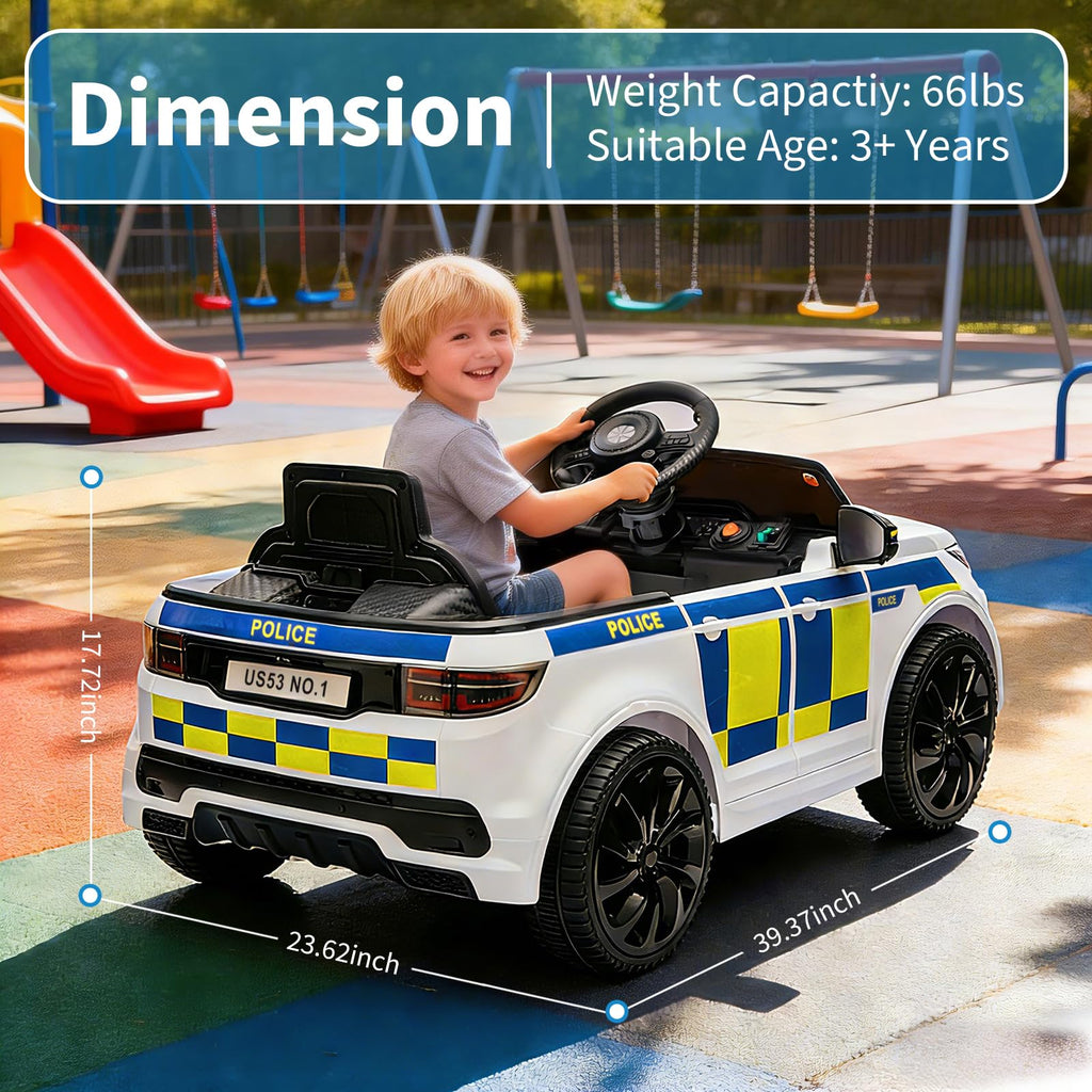 Garvee Kids Police Ride-On Car 12V Dual-Motor, Bluetooth, LED Lights, Safety Belt, Anti-Rollover Tires, White/Black, Outdoor Adventure Toy