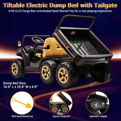 Garvee 24V 2-Seater 6-Wheel 4WD Kids Electric Dump Truck UTV - Remote Control, Wireless Audio Music, LED Lights, Shovel, Electric Dump Bed - Ride-On Car Toy for Boys & Girls - Black