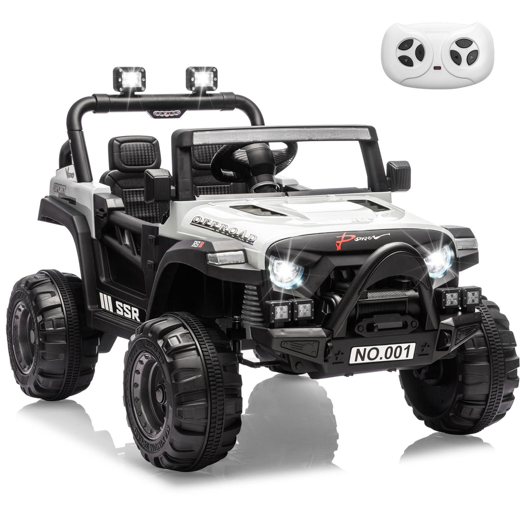 Garvee 12V Kids Electric Ride-On Car – Parent Remote Control, 3 Speeds, Safety Locking Doors, 3-Point Harness, Spring Suspension, wireless Music, LED Lights, Anti-Slip Tires, Foot Brake, Battery Powered Toy for Ages 3-5 – White