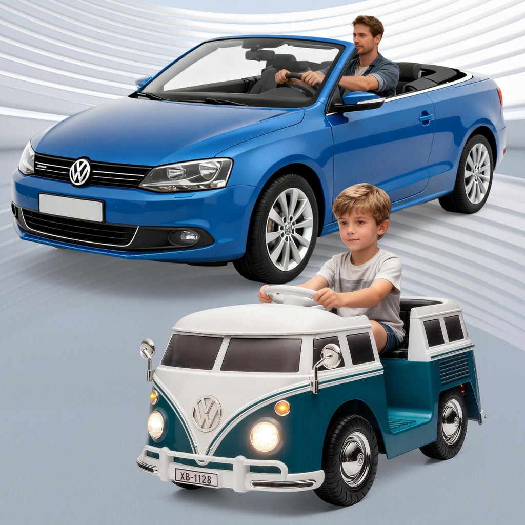 Garvee Volkswagen Licensed Electric Ride-On Bus for Kids - 6V Battery, LED Headlights, Music, Horn, Gentle Start, Cup Holder, Eco-Friendly Design - Perfect Gift - Deep Blue
