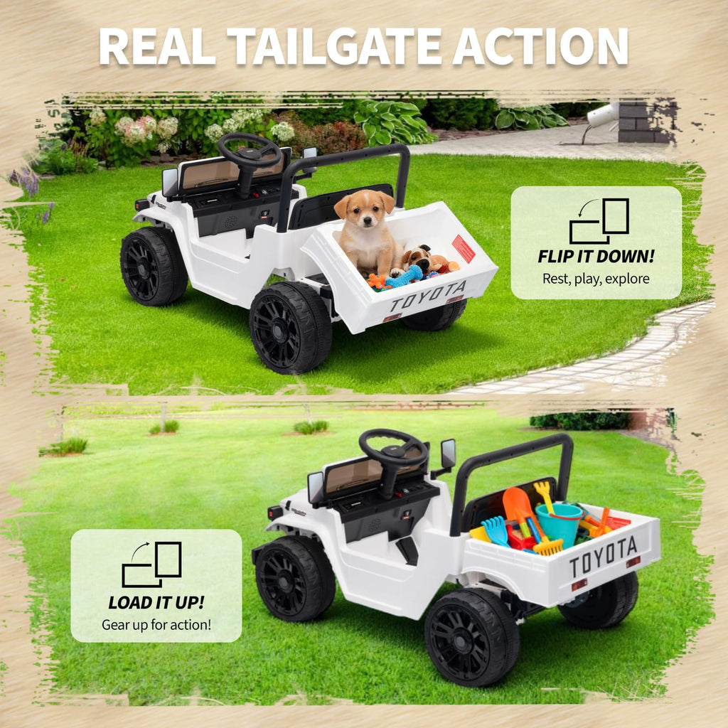 Garvee Licensed Toyota 12V 4WD Kids Ride-On Pickup Truck – Battery Powered Electric Car, Remote Control, wireless Music, LED Lights, Suspension, Soft Braking, Truck Bed Storage – For Toddlers & Big Kids – White