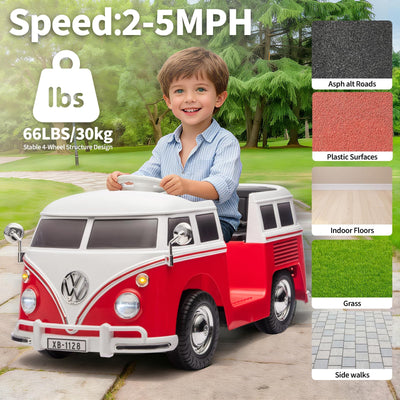 Garvee Volkswagen Licensed Electric Ride-On Bus for Kids - 6V Battery, LED Headlights, Music, Horn, Cup Holder, Pedal Control, 2-Speed, Gentle Start, Eco-Friendly - Red