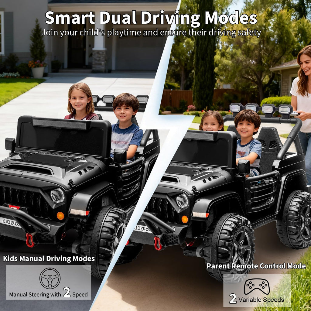 Garvee 24V 4x4 Electric Ride On Truck for Big Kids – 2 Seater Battery Powered Car – Remote Control – 3 Speeds – 4-Wheel Suspension – LED Lights – Wireless Audio Music – Gradual Start – Black