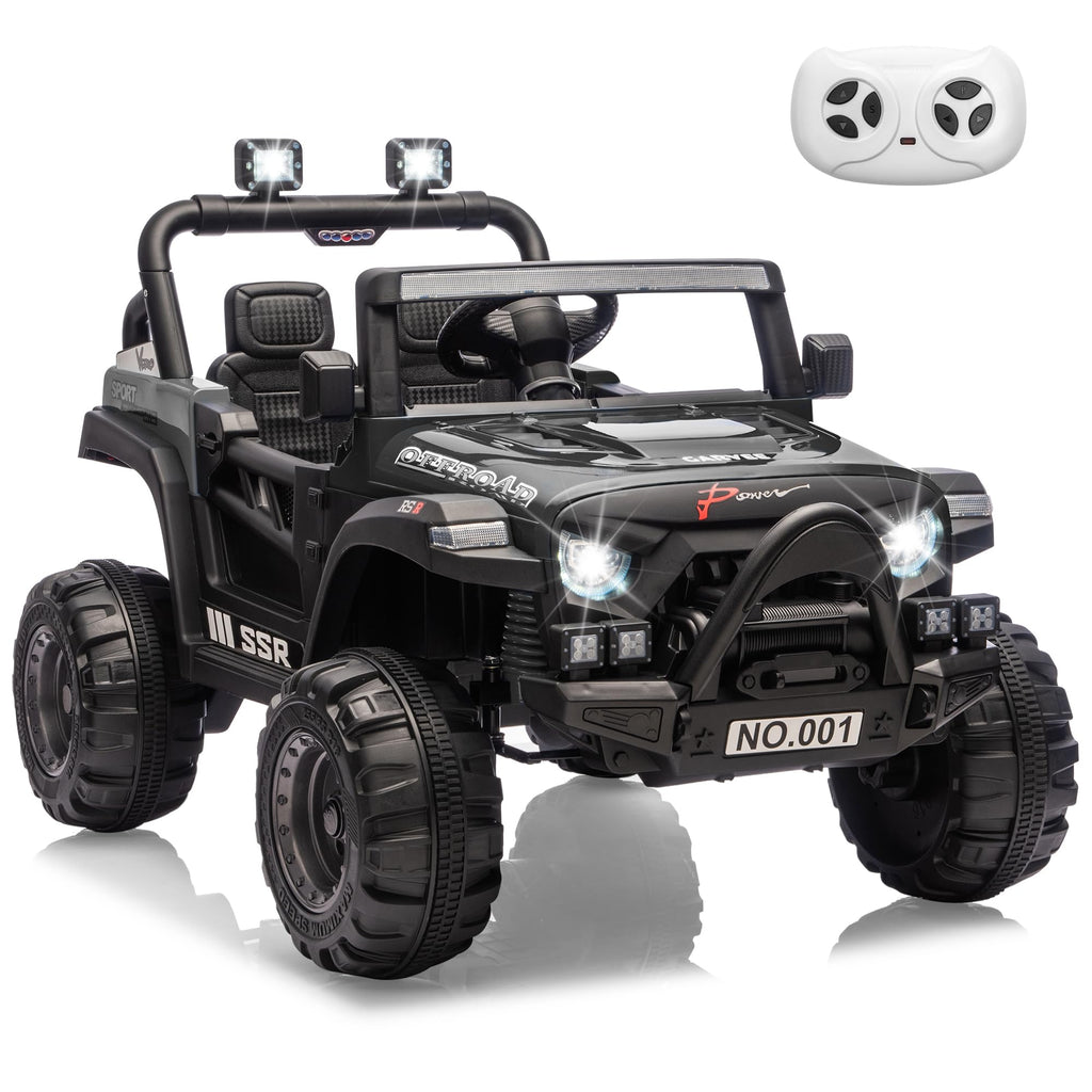Garvee 12V Kids Ride-On Electric Truck – Parent Remote Control, 3 Speeds up to 4.1MPH, Spring Suspension, LED Lights, wireless Music, Safety Locking Doors, 3-Point Harness, All-Terrain Battery Powered Toy for Ages 3-5 – Black