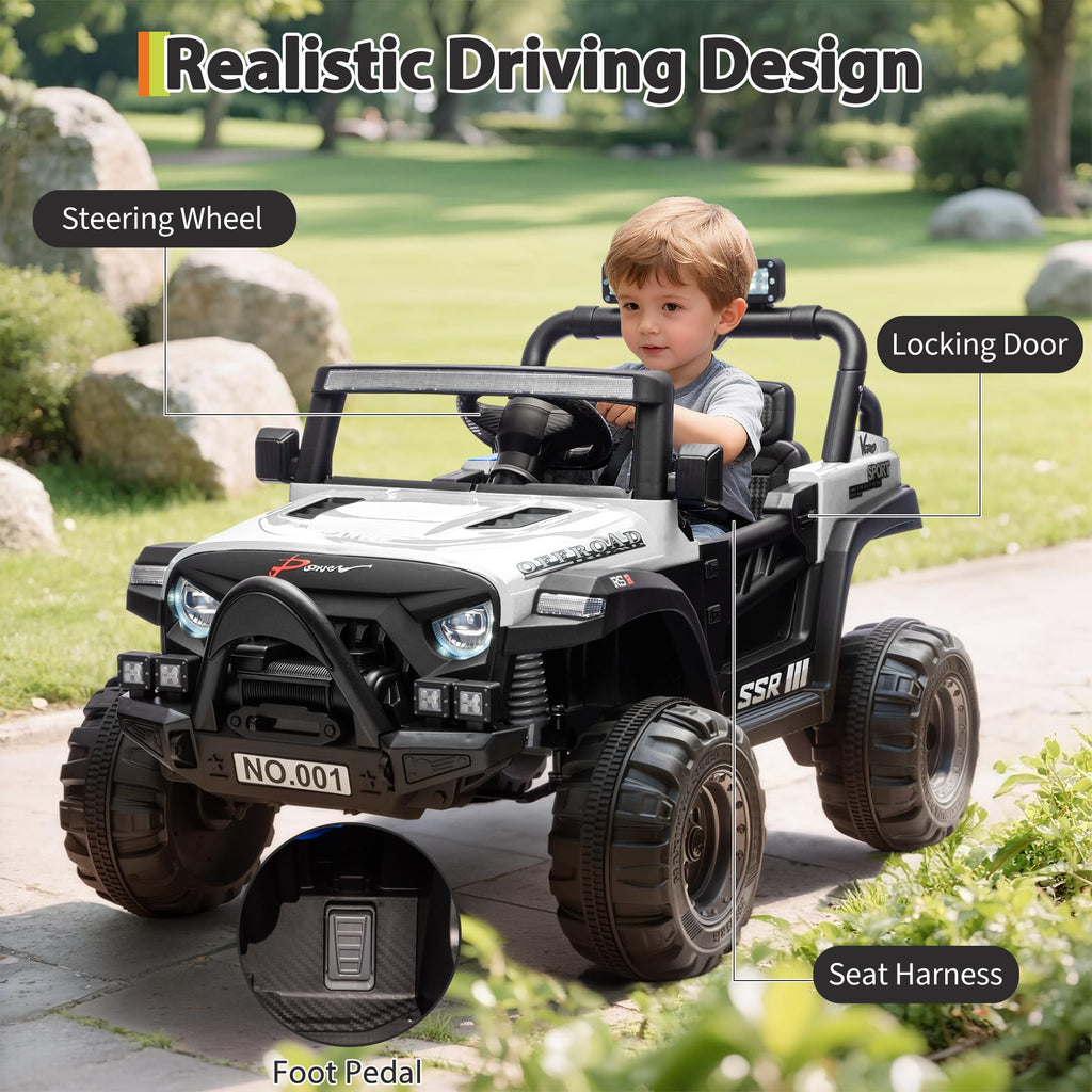 Garvee 12V Kids Electric Ride-On Car – Parent Remote Control, 3 Speeds, Safety Locking Doors, 3-Point Harness, Spring Suspension, wireless Music, LED Lights, Anti-Slip Tires, Foot Brake, Battery Powered Toy for Ages 3-5 – White
