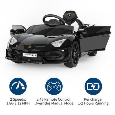 Garvee Licensed Lamborghini 12V Electric Ride-On Car for Kids – Battery Powered Sports Vehicle with Remote Control, 2 Speeds, MP3 Player, LED Headlights, Spring Suspension, Music System – For Ages 3-8 – Black