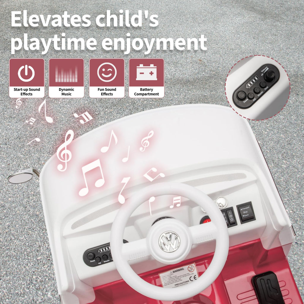Garvee Volkswagen Licensed Electric Ride-On Bus for Kids - 6V Battery, LED Headlights, Music & Horn, Gentle Start, 2-Speed Pedal Control, Eco-Friendly - Perfect Gift - Pink