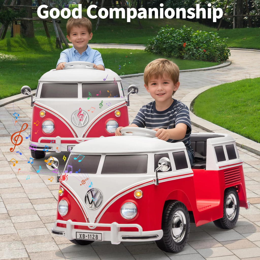 Garvee Volkswagen Licensed Electric Ride-On Bus for Kids - 6V Battery, LED Headlights, Music, Horn, Cup Holder, Pedal Control, 2-Speed, Gentle Start, Eco-Friendly - Red
