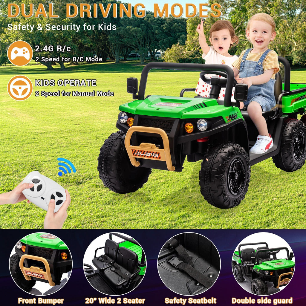 Garvee 24V 2-Seater 6-Wheel 4WD Kids Electric Dump Truck Ride-On UTV - Parental Remote, Wireless Audio Music, LED Lights, Electric Dump Bed, Shovel - Off-Road Toy for Big Kids - Green