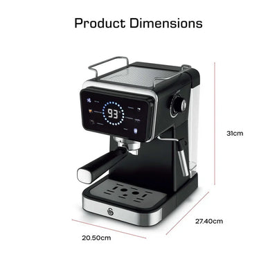 Swan SK22113BLK Espresso Digital Coffee Machine with Built-in Milk Frother - Black