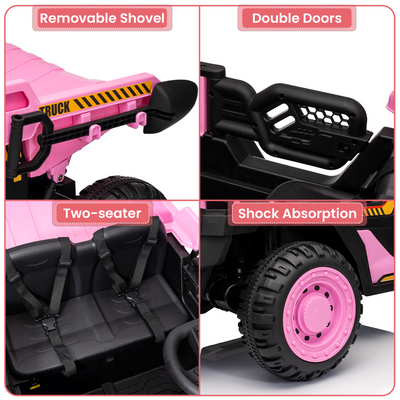 Garvee Ride - P Series: 24V Ride On Dump Truck, 2 Seater Electric Cars for Kids with Remote Control, Dump Bed, Shovel, Music, Led, Wheel Shock Absorption,Ride On Construction Vehicle Four- for Kids 3+,Pink