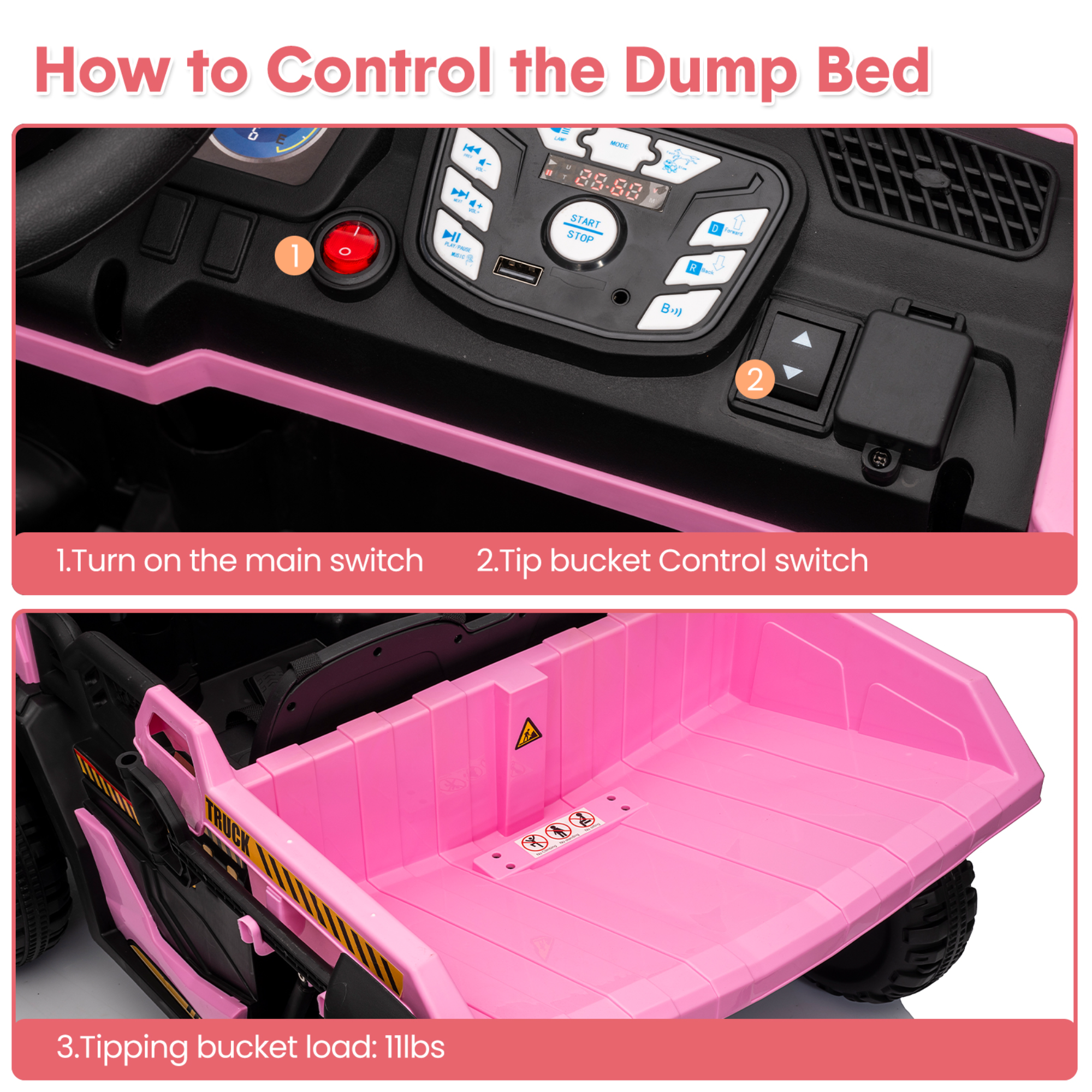 Garvee Ride - P Series: 24V Ride On Dump Truck, 2 Seater Electric Cars for Kids with Remote Control, Dump Bed, Shovel, Music, Led, Wheel Shock Absorption,Ride On Construction Vehicle Four- for Kids 3+,Pink